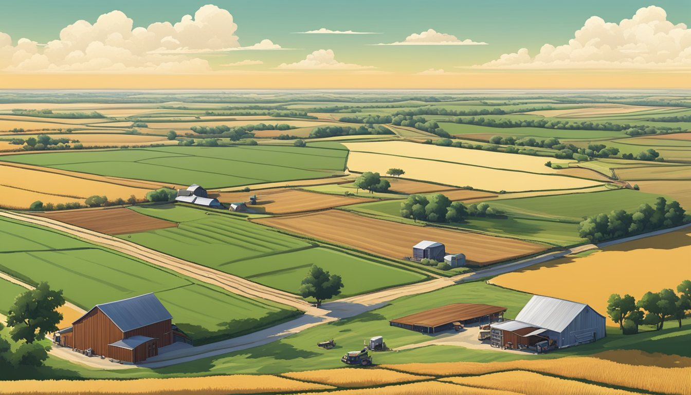 A sprawling landscape of farms and ranches in Delta County, Texas, with fields of crops, grazing livestock, and agricultural equipment