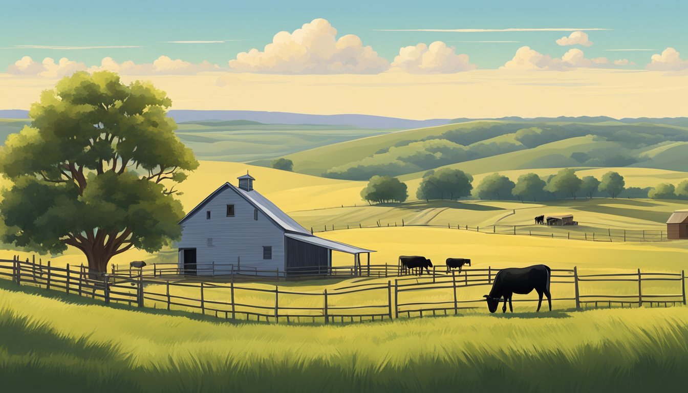 A rural landscape in Fisher County, Texas with a farmhouse, fields, and grazing livestock, surrounded by a fence and under a clear sky