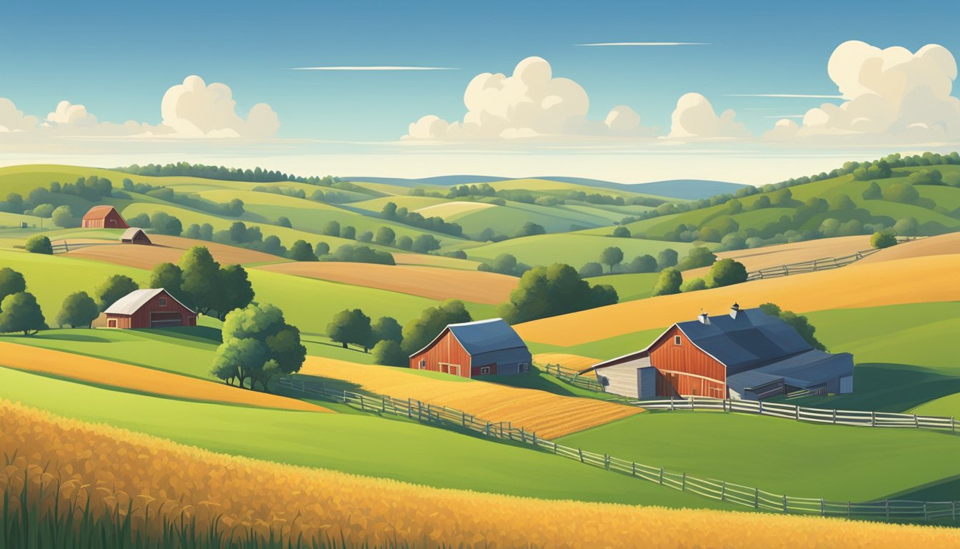 Rolling hills of farmland under a clear blue sky, with a farmhouse and barn in the distance. A tractor plows the fields, surrounded by livestock grazing