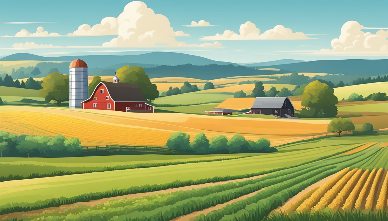 A rural landscape with a farmhouse, barn, and fields of crops under a clear blue sky