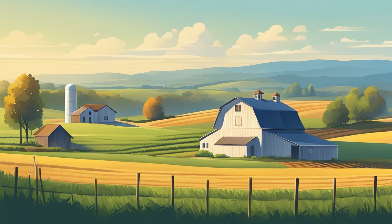 A rural landscape with a farmhouse, barn, and fields of crops under a clear blue sky