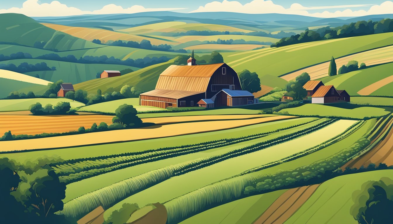 A rural landscape with a farmhouse, barn, and fields of crops, surrounded by rolling hills and a clear blue sky