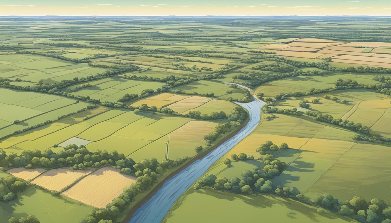 A sprawling landscape in Dewitt County, Texas, with a mix of agricultural fields and grazing land, under a clear sky