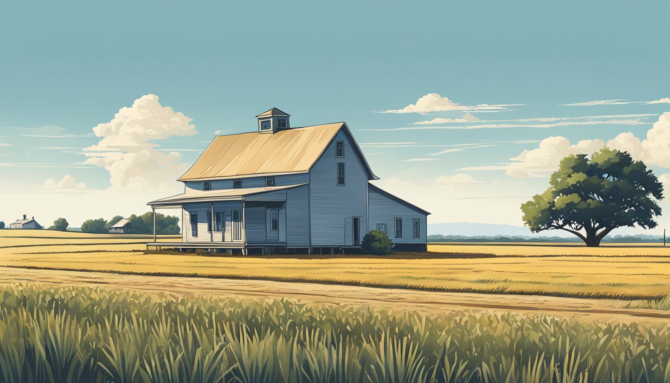 A rural landscape in Dewitt County, Texas with agricultural fields and a farmhouse, under a clear blue sky