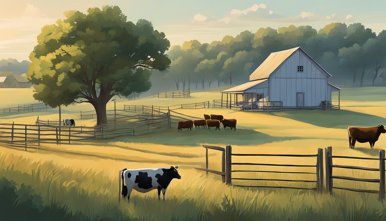 A rural landscape in Falls County, Texas with fields, a farmhouse, and livestock grazing, surrounded by a fence