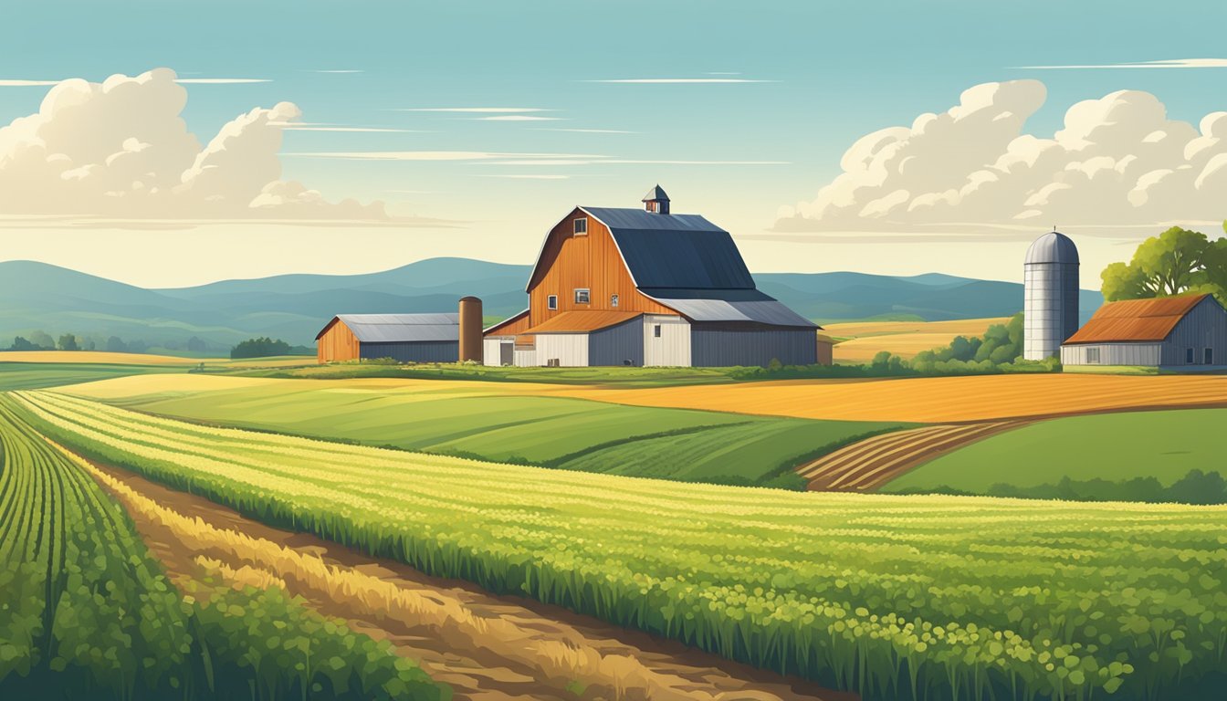 A rural landscape with a farmhouse, barn, and fields of crops under a clear blue sky