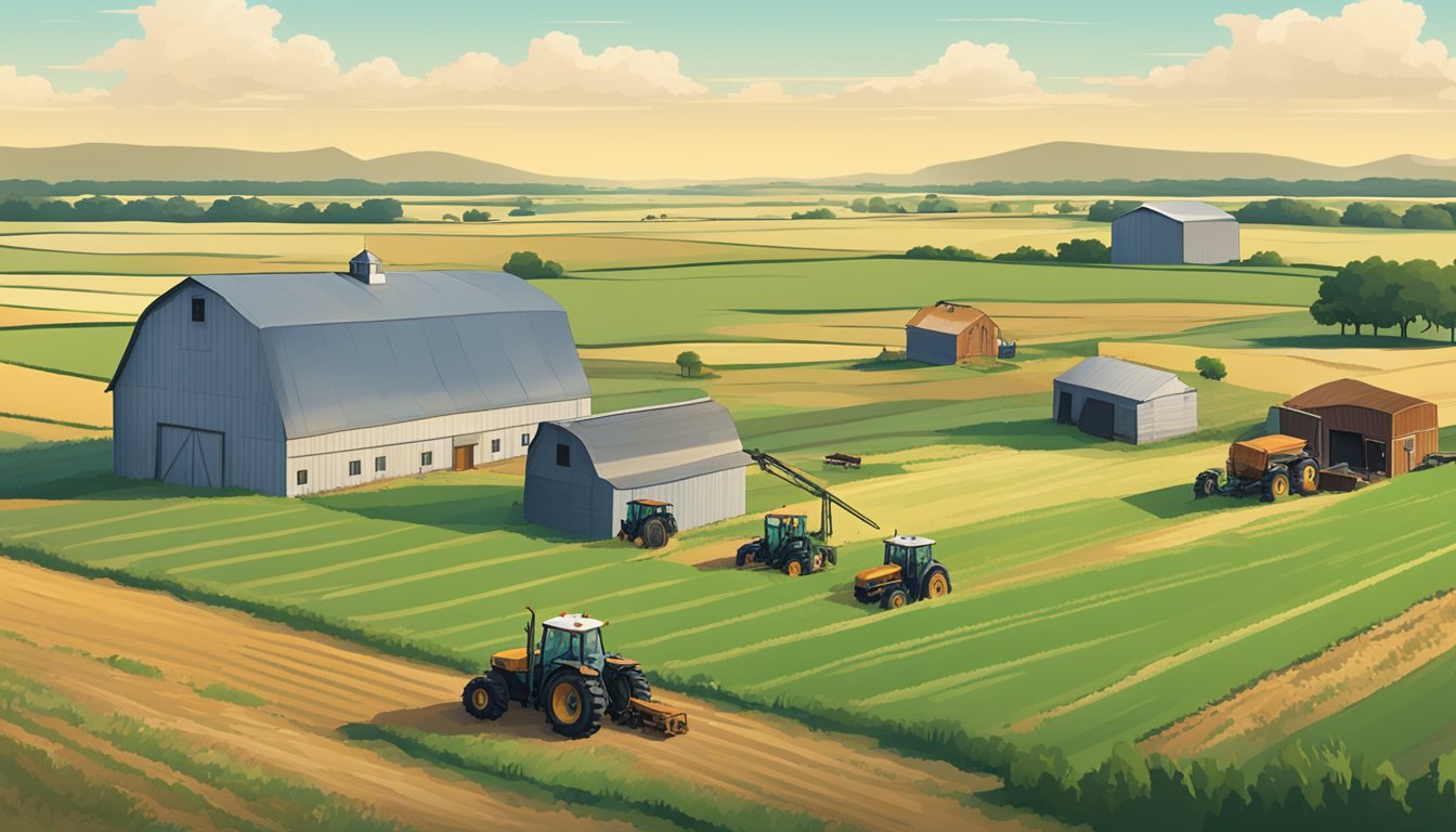 Rolling fields of crops and grazing land in Falls County, Texas, with farm buildings and equipment scattered throughout