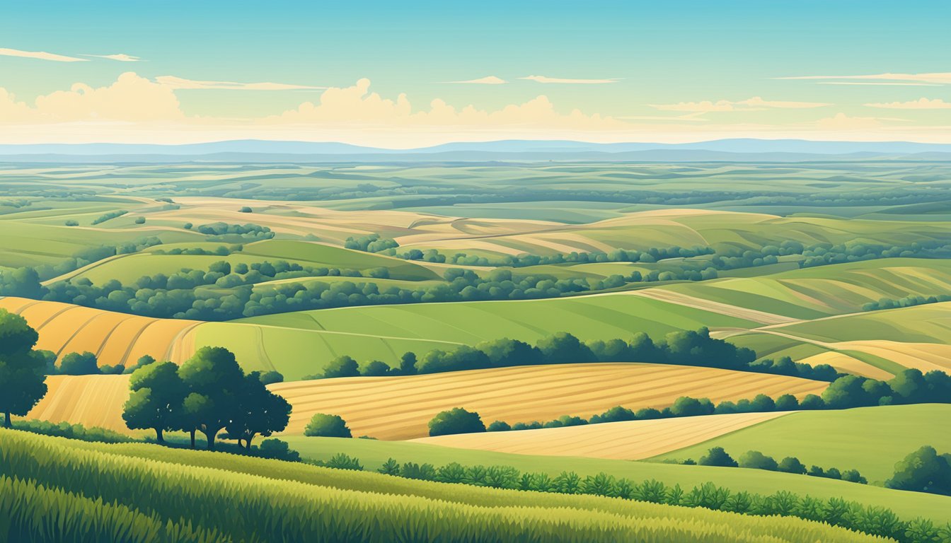 A vast expanse of farmland in Falls County, Texas, with rolling hills and fields of crops under a clear blue sky