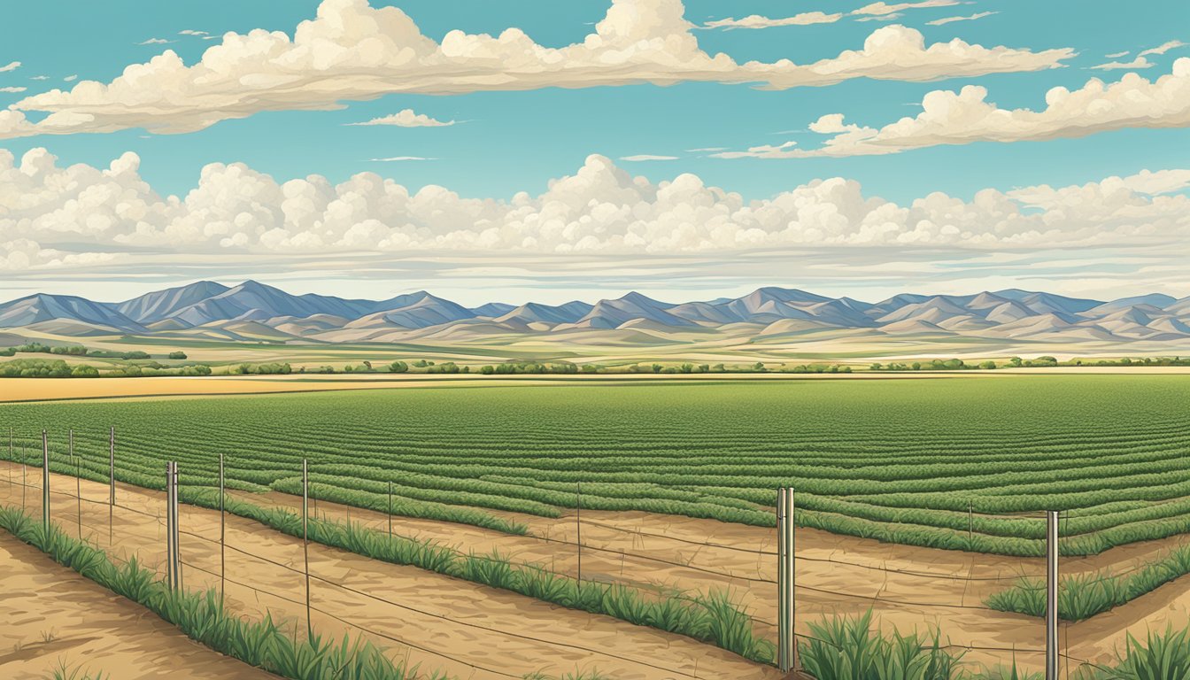 A vast expanse of farmland in El Paso County, Texas, with rows of crops and grazing livestock, surrounded by a fence and a clear blue sky overhead