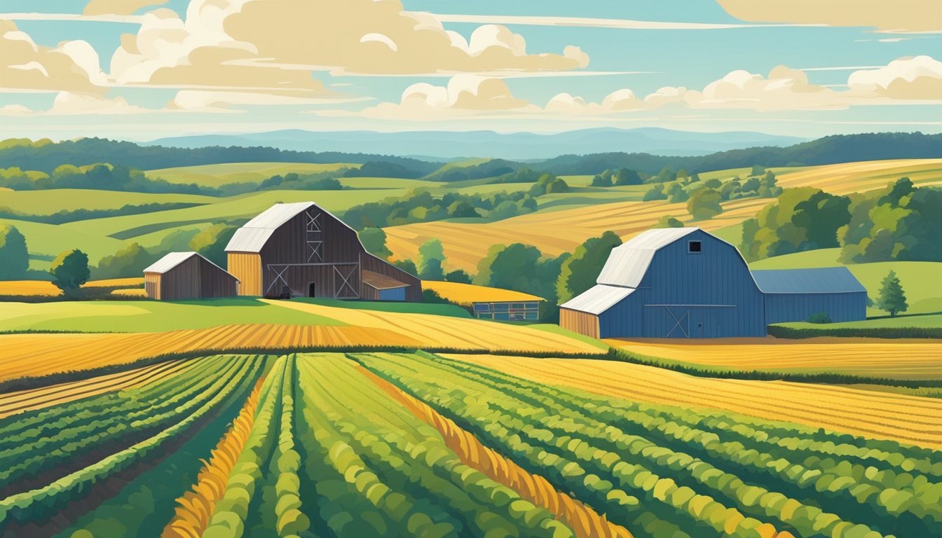 Rolling fields of crops under a bright blue sky, with a barn and farmhouse in the distance