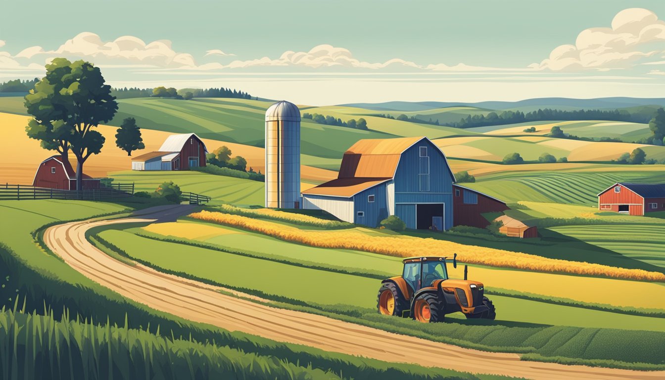 A rural landscape with a farmhouse, barn, and fields of crops under a clear sky. A tractor and livestock are visible, indicating agriculture