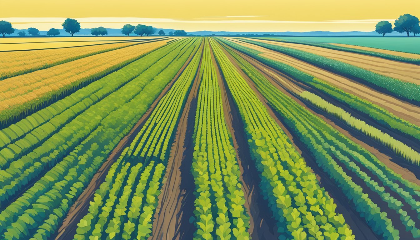 A wide, flat expanse of farmland in Deaf Smith County, Texas, with rows of crops stretching into the distance under a clear blue sky