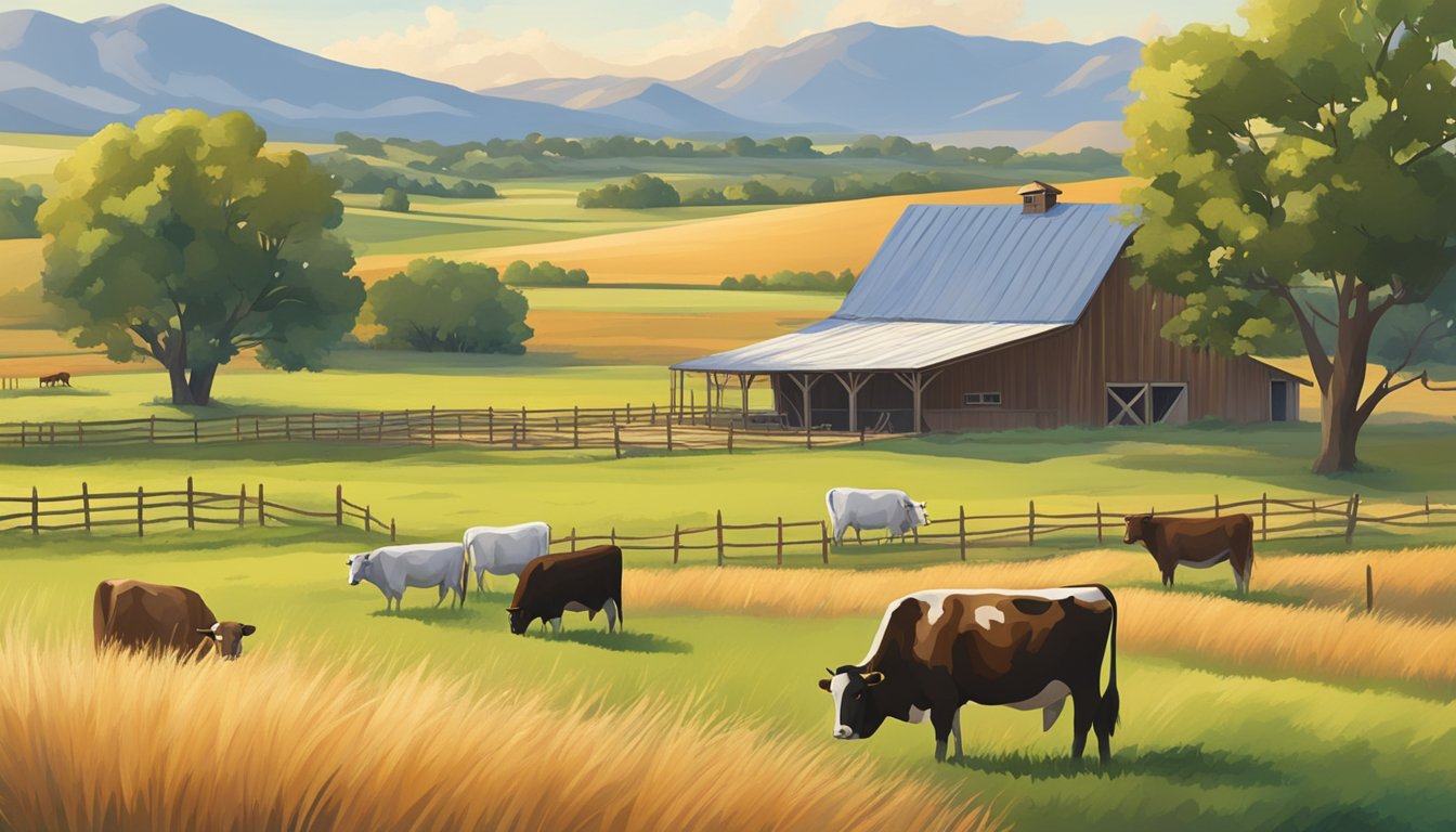 A rural landscape in El Paso County, Texas with a farmhouse, barn, and grazing cattle, surrounded by fields of crops