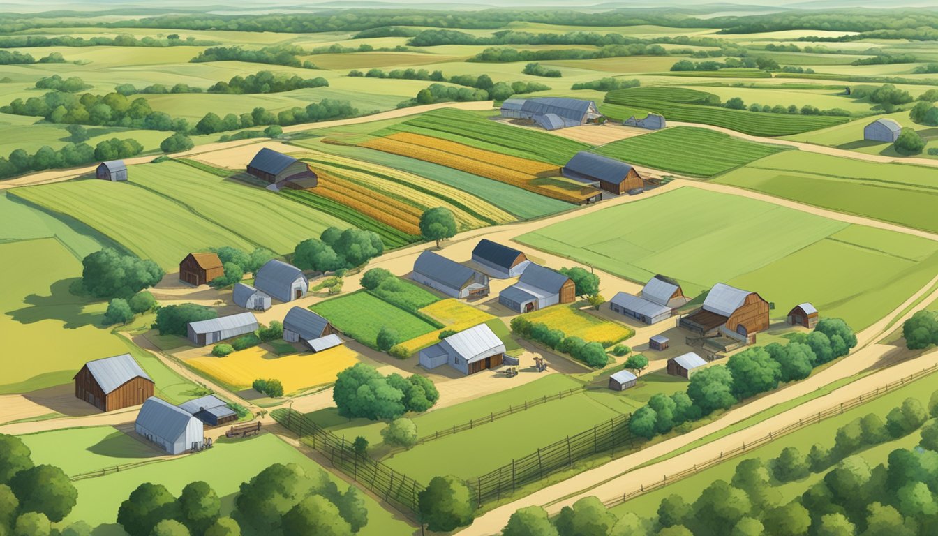 A sprawling farm in Deaf Smith County, Texas, with rows of crops and grazing livestock, under the protection of a tax exemption for agricultural use