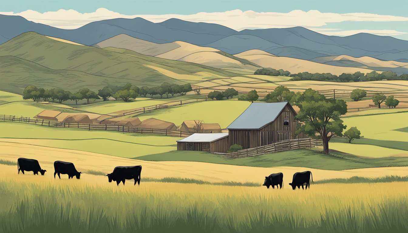 Rolling hills of El Paso County, Texas with cattle grazing and a farmhouse in the distance