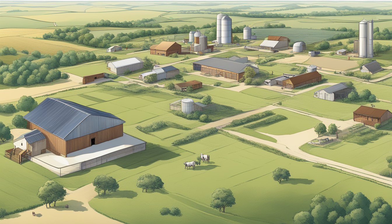 A rural landscape in Deaf Smith County, Texas, with fields, livestock, and administrative buildings illustrating the agricultural exemption framework