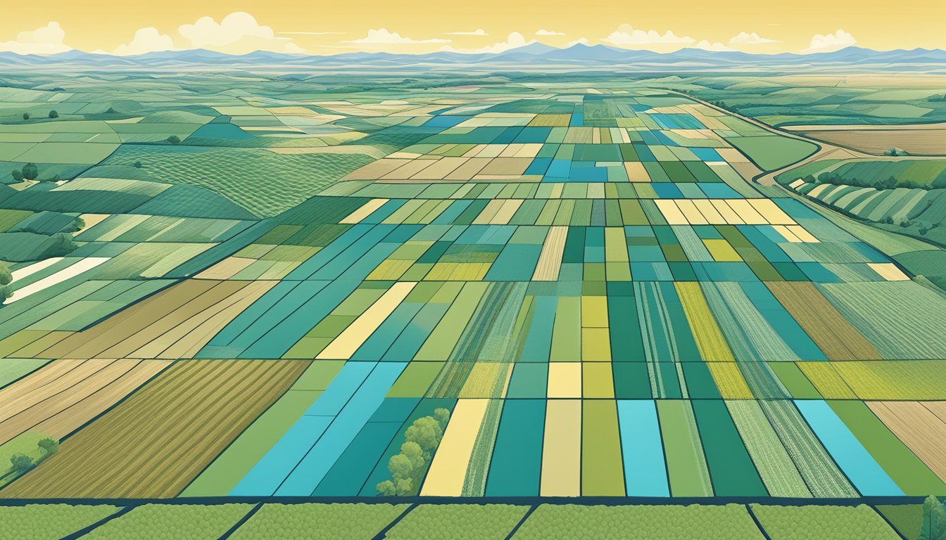 A vast expanse of agricultural land in El Paso County, Texas, with neatly divided plots and various crops growing under the clear blue sky