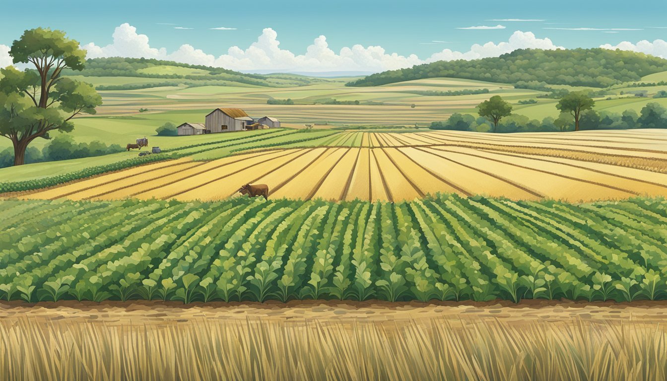 A sprawling landscape of farmland in Deaf Smith County, Texas, with rows of crops and grazing livestock, under a clear blue sky