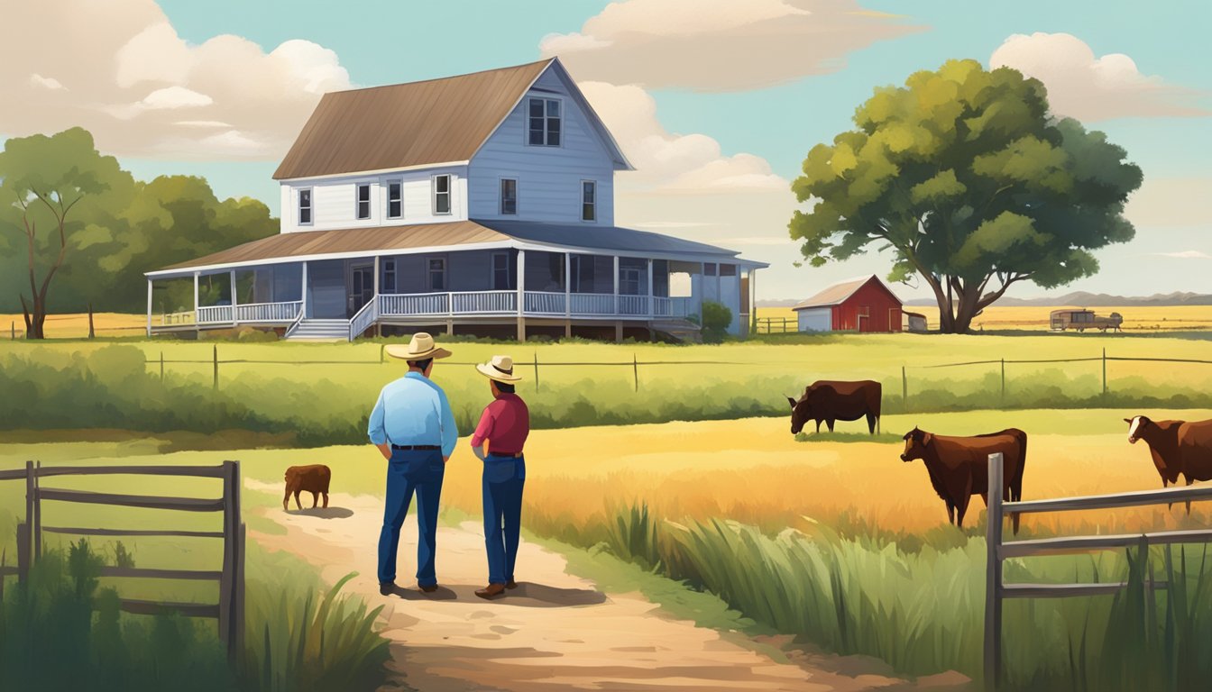 A rural landscape in Crosby County, Texas with a farmhouse, fields of crops, and livestock grazing. A real estate agent and a farmer discuss property valuation