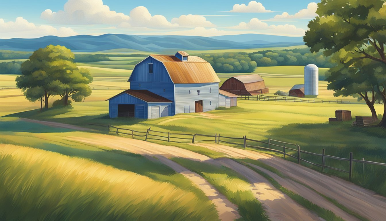 A rural Texas landscape with a farmhouse, barn, and rolling fields, all under a bright blue sky