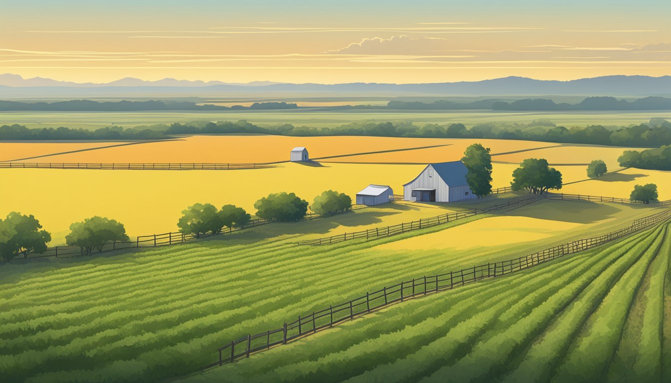 A vast expanse of farmland in Crosby County, Texas, with rows of crops and grazing areas, surrounded by a fence and a distant farmhouse