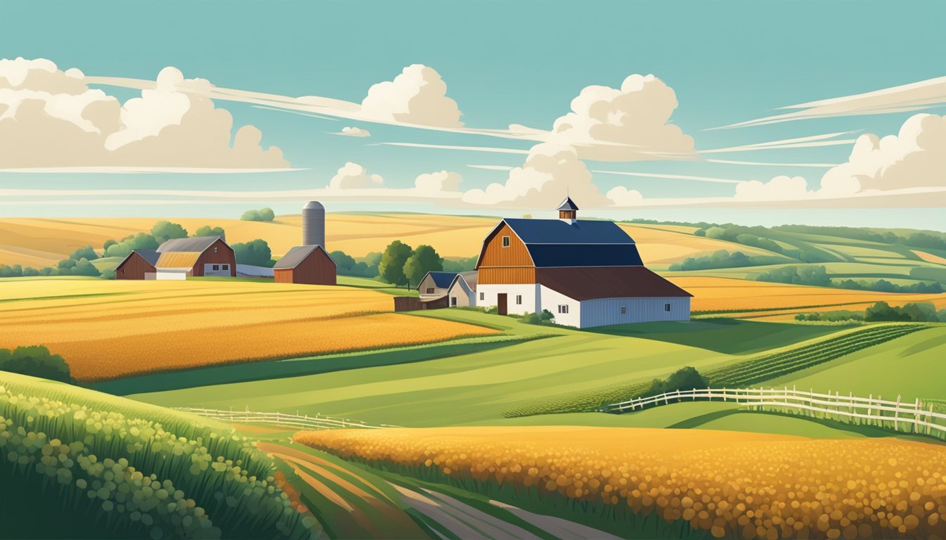 A rural landscape with a farmhouse, barn, and fields of crops under a clear blue sky