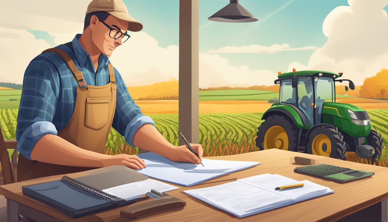 A farmer filling out paperwork at a desk, surrounded by agricultural equipment and fields in the background