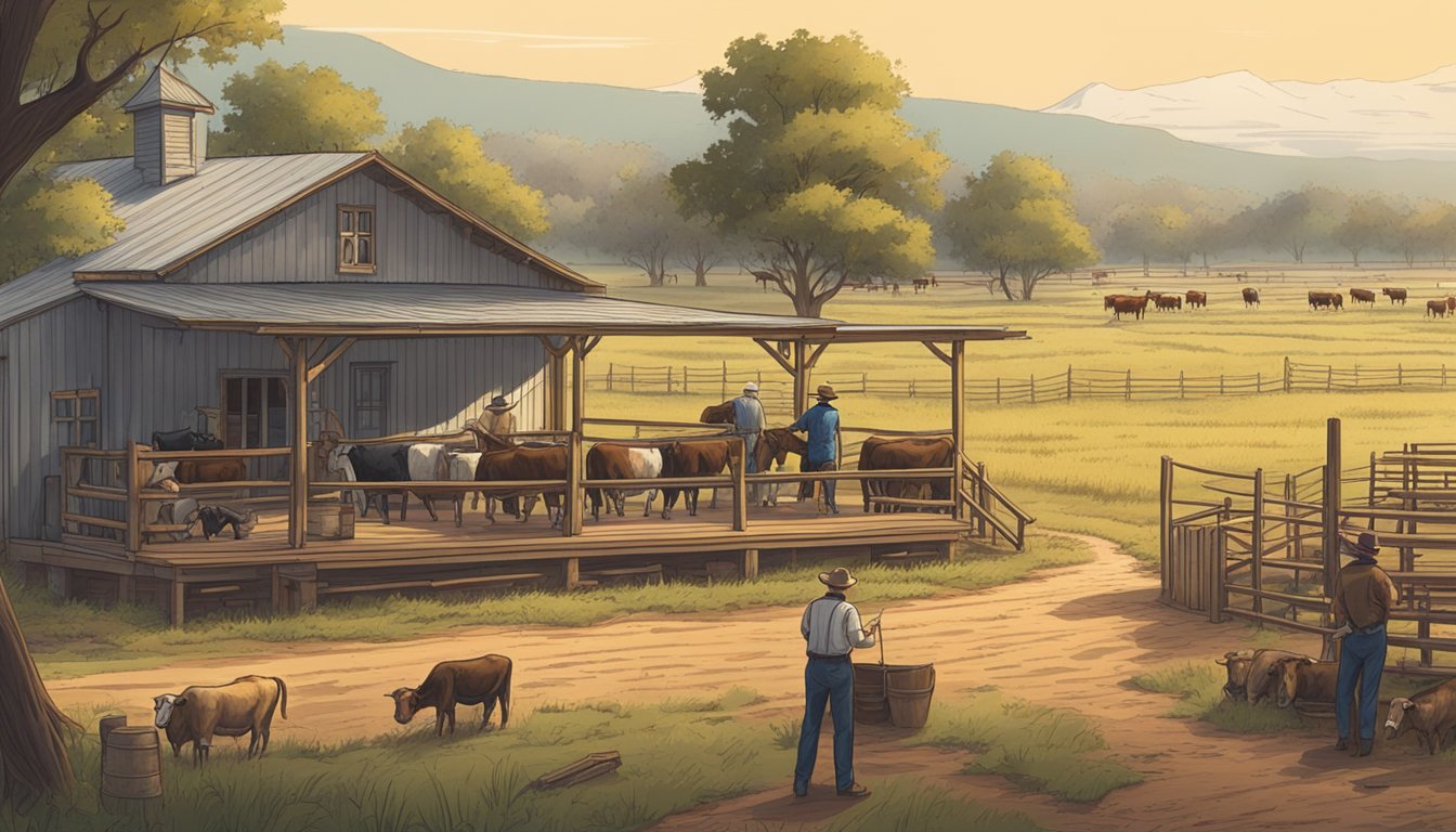 A sprawling Texas ranch with cattle grazing in the fields, a farmer filling out paperwork at a rustic wooden desk, and a county official inspecting the property