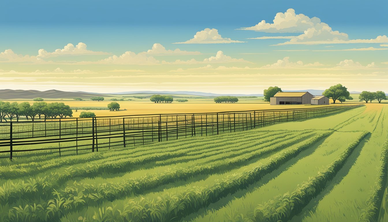 A vast, open field in Eastland County, Texas, with rows of crops or grazing livestock, surrounded by fences and under a clear, blue sky