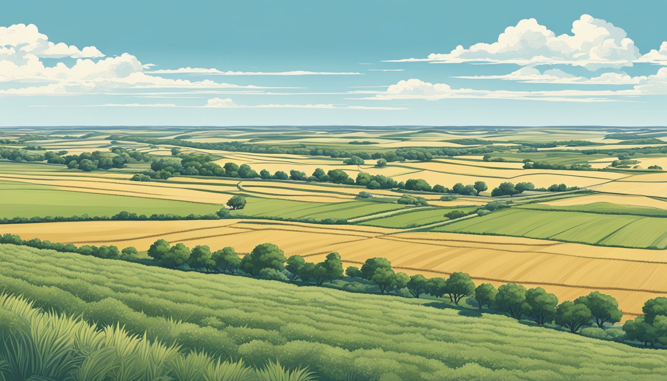 A wide open landscape in Dallam County, Texas, with rolling fields of crops and grazing livestock, under a clear blue sky