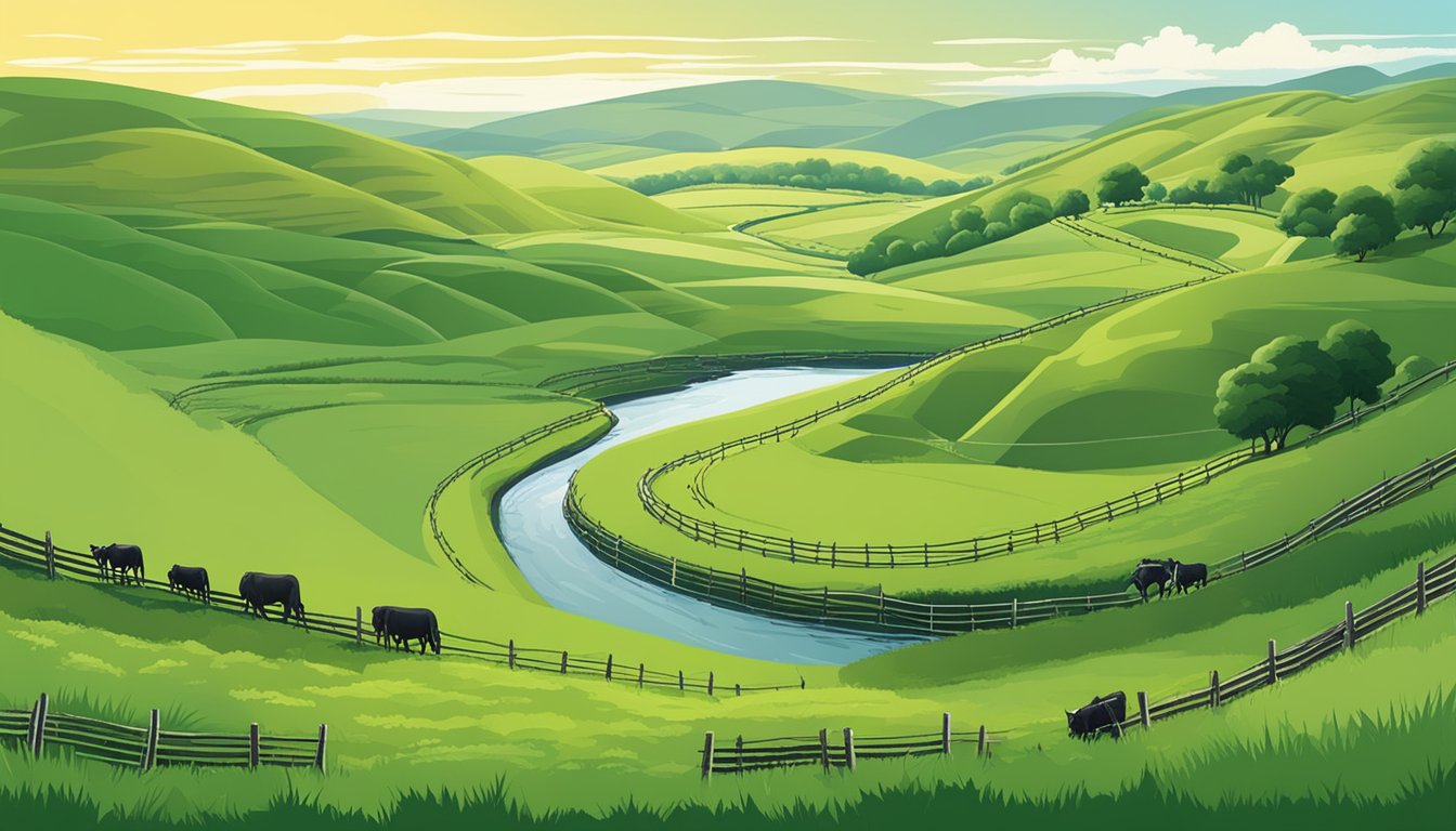 Rolling hills of green pasture dotted with grazing cattle, bordered by a winding river and encircled by a barbed wire fence