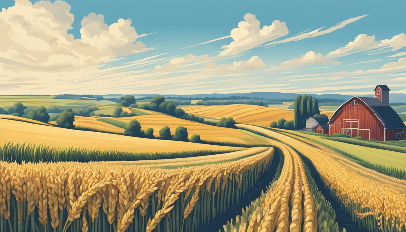 Rolling fields of wheat and corn under a vast blue sky, with a rustic farmhouse and barn in the distance