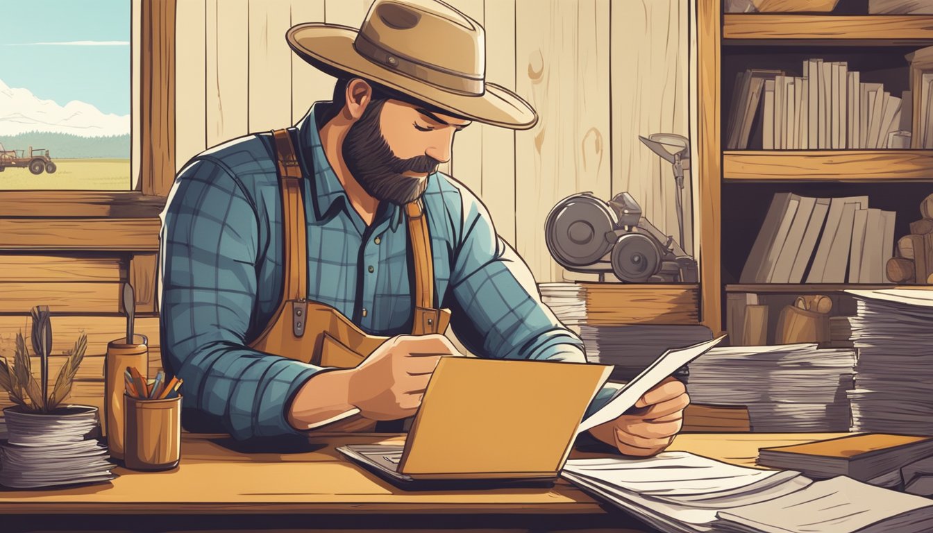 A farmer filling out paperwork at a desk in a rustic office, surrounded by agricultural equipment and paperwork