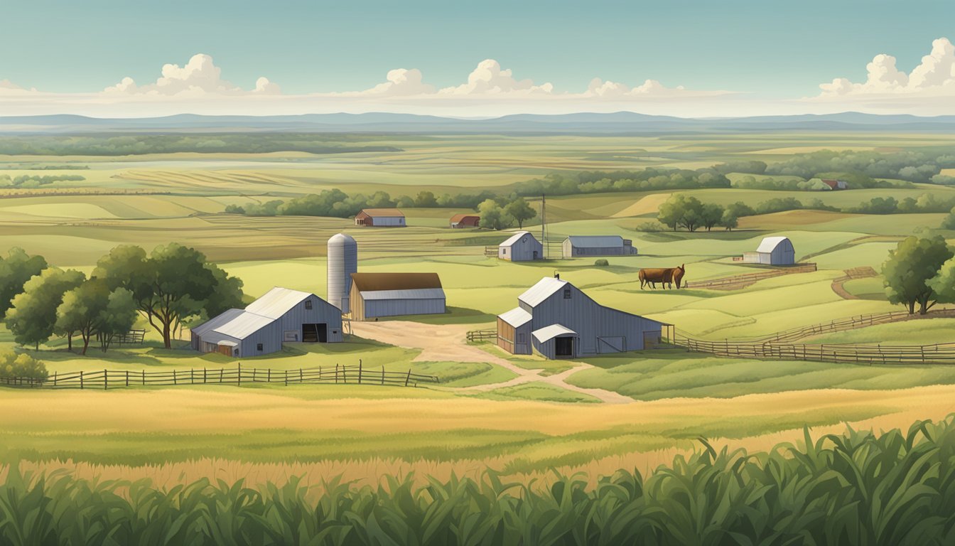 A sprawling farm in Cottle County, Texas, with fields of crops and grazing livestock, surrounded by a fence and a farmhouse in the distance