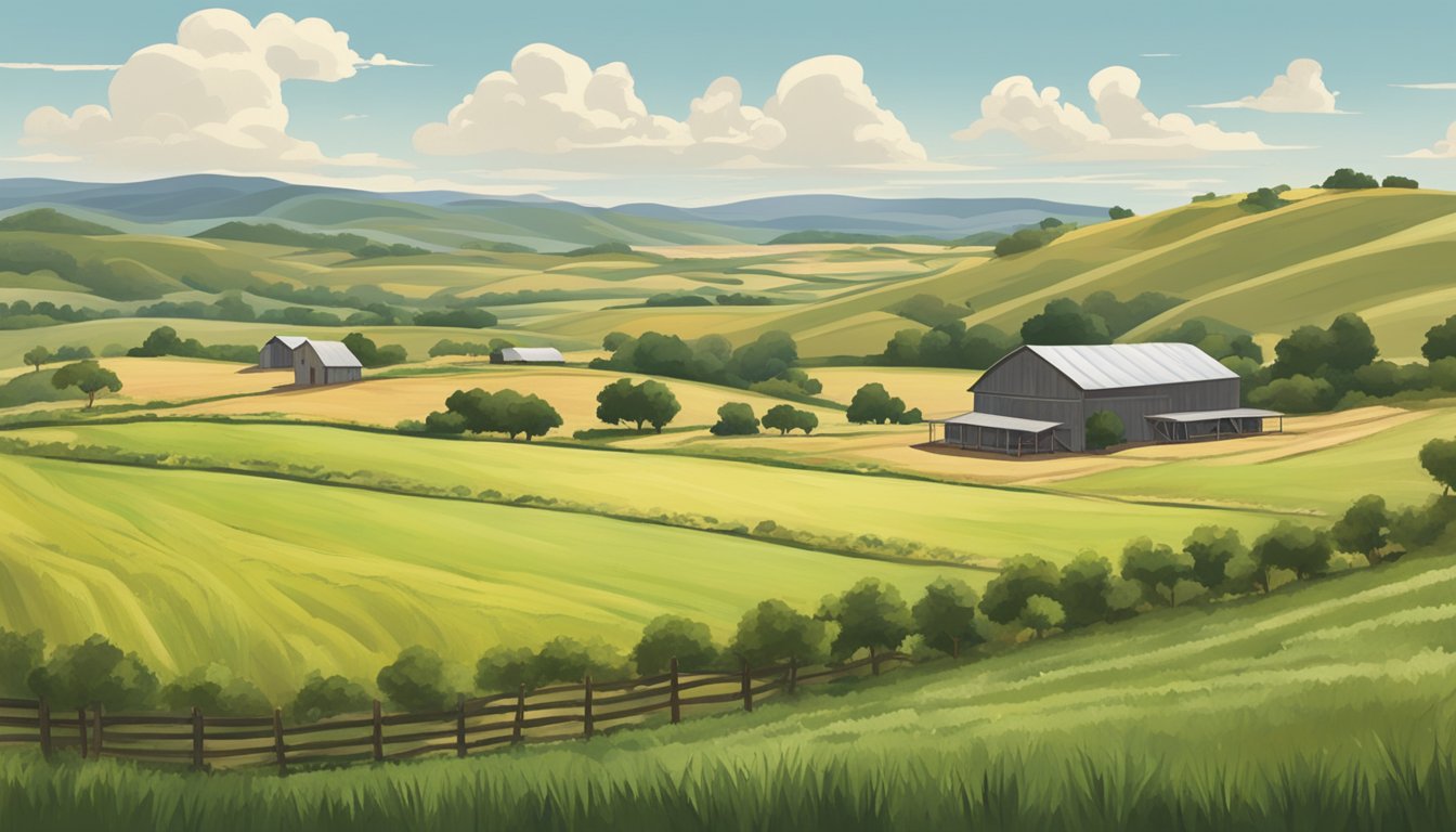 Rolling hills of farmland in Cottle County, Texas. A farmhouse sits in the distance, surrounded by fields of crops and grazing livestock