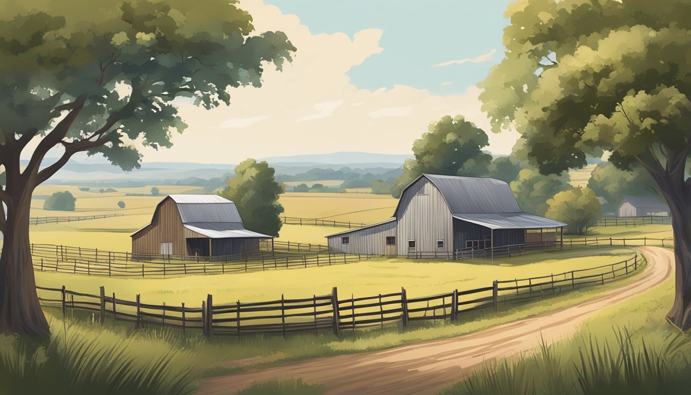 A rural landscape with a farmhouse, barn, and grazing livestock surrounded by fields and fences in Crockett County, Texas