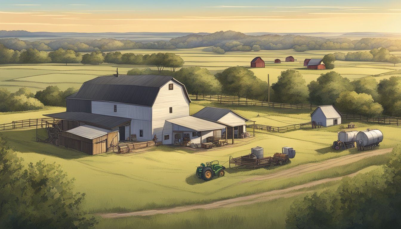 A rural landscape with a small farm, livestock, and a tax assessor's office in Crockett County, Texas