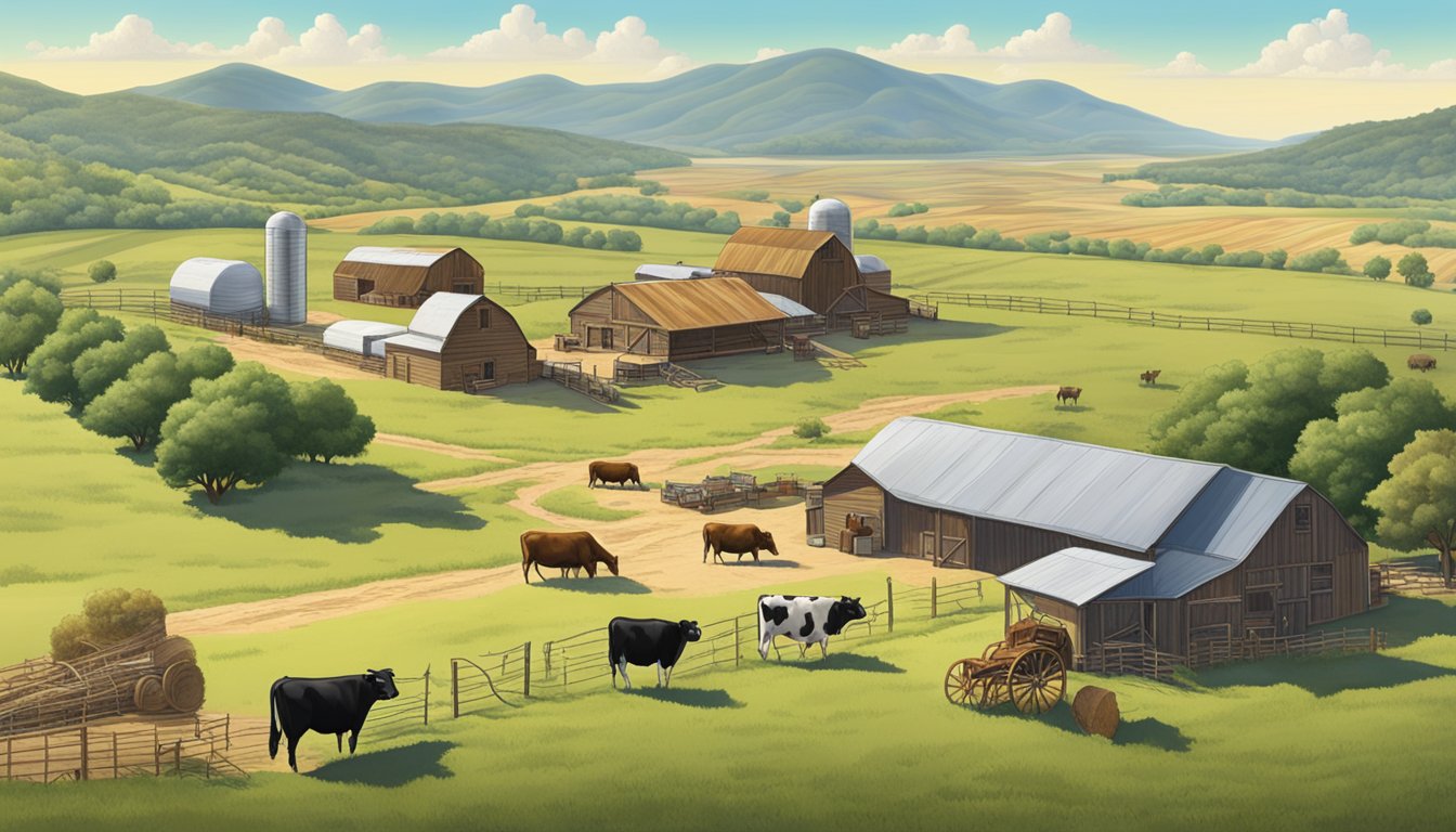 A sprawling Texas ranch with cattle, crops, and farm equipment, surrounded by rolling hills and a clear blue sky