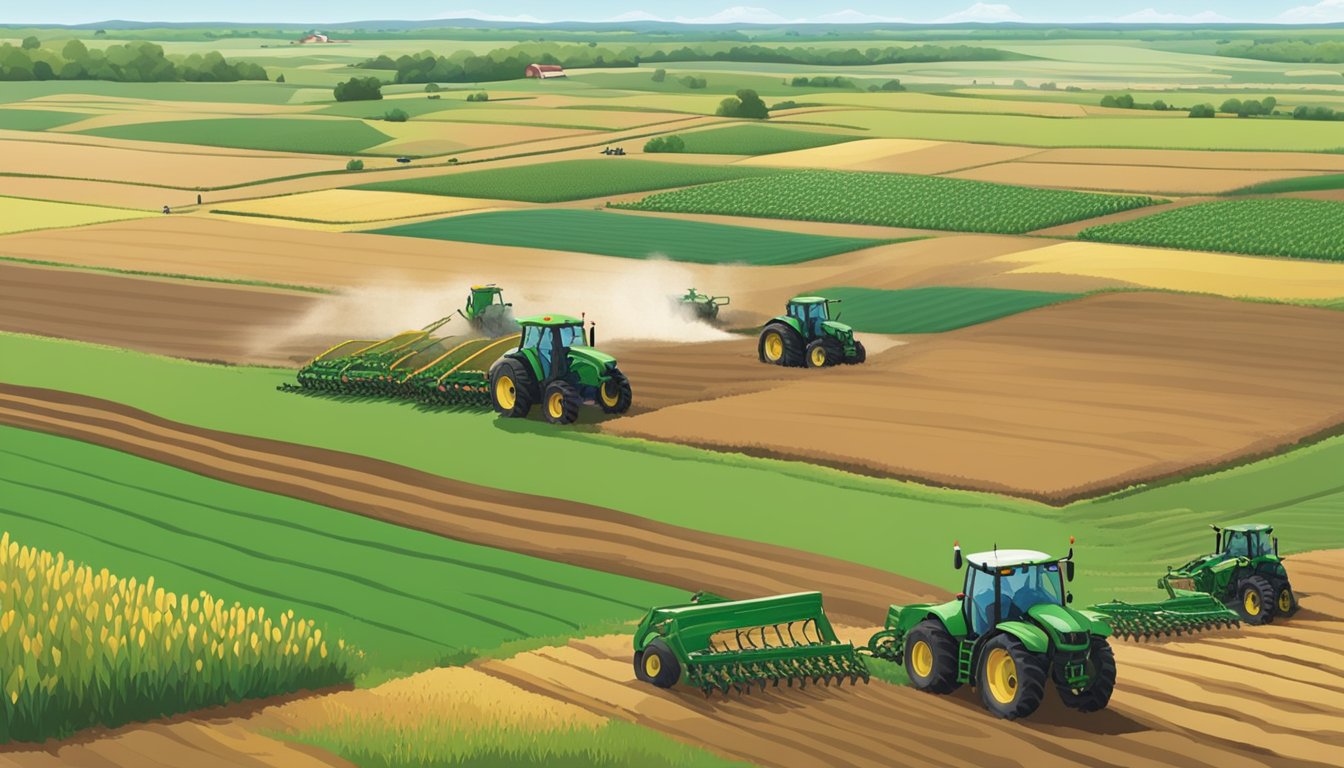 A vast expanse of farmland in Crockett County, Texas, with tractors plowing the fields and workers tending to crops