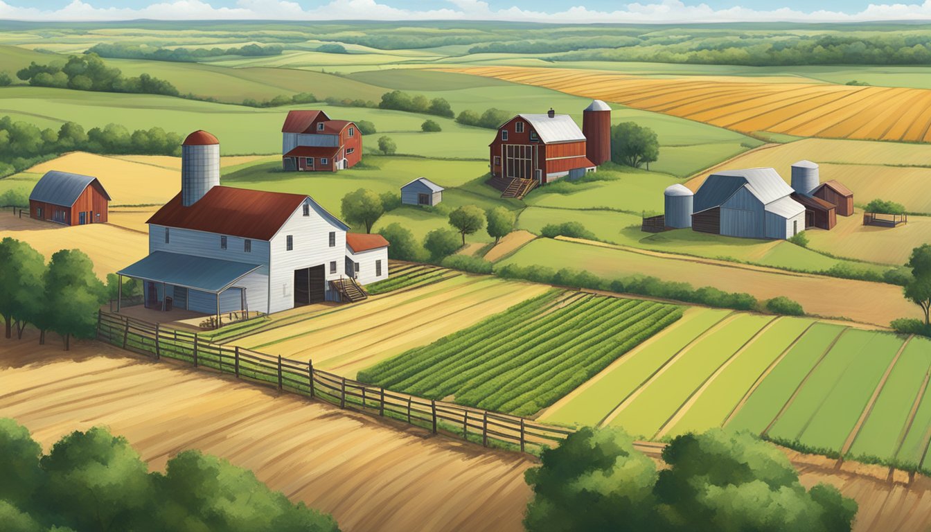 A rural landscape in Crockett County, Texas, with a farmhouse, barn, and fields of crops, all under the Texas agricultural exemption