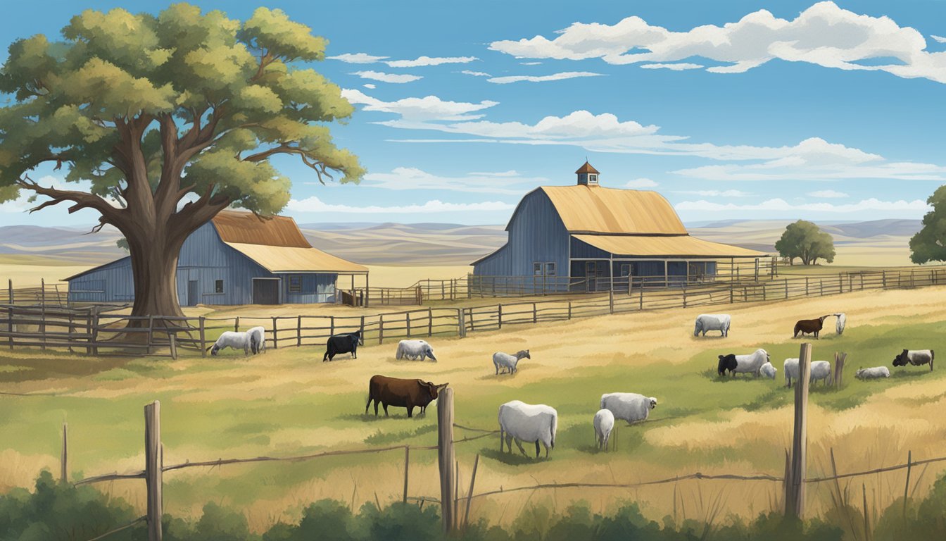 A ranch landscape with a farmhouse, barn, and livestock surrounded by fields and fences, under a clear blue sky in Concho County, Texas