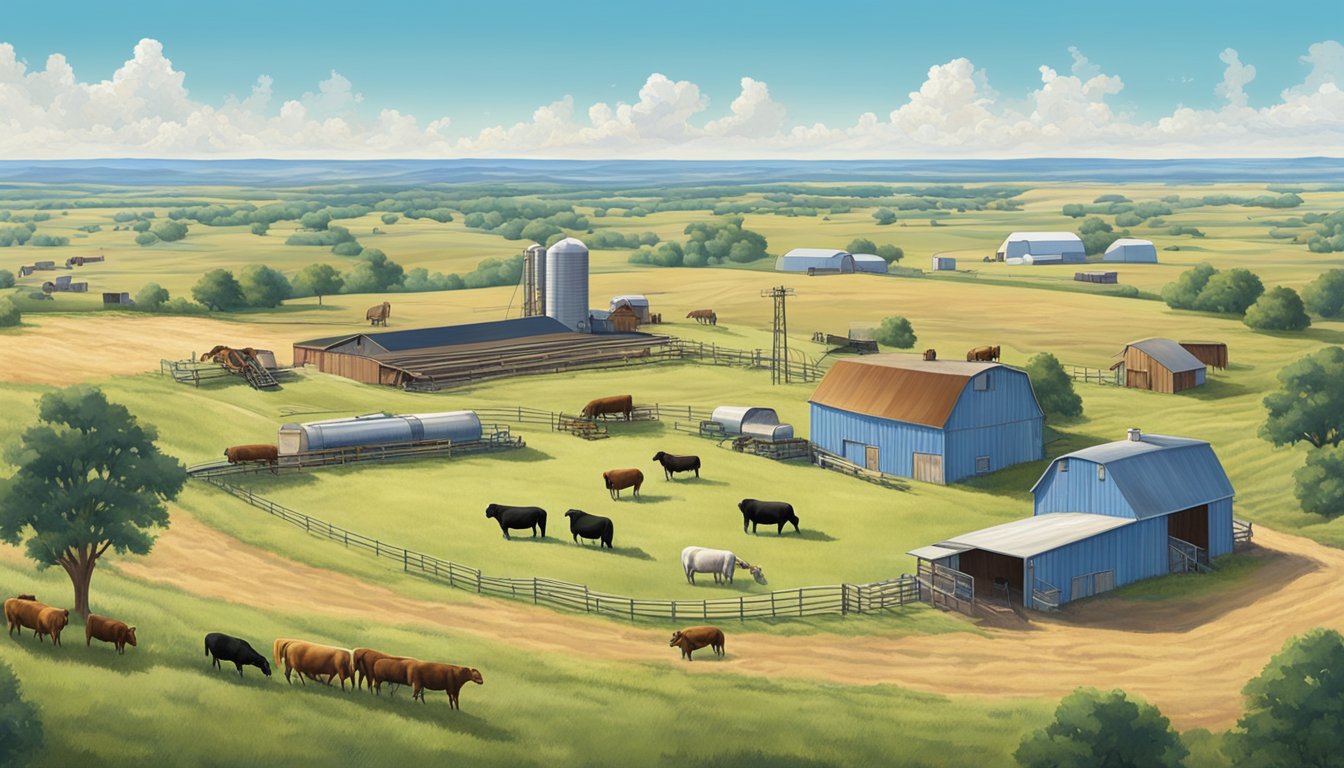 A sprawling ranch in Crockett County, Texas, with rolling pastures, grazing livestock, and farm equipment, all under a bright blue sky