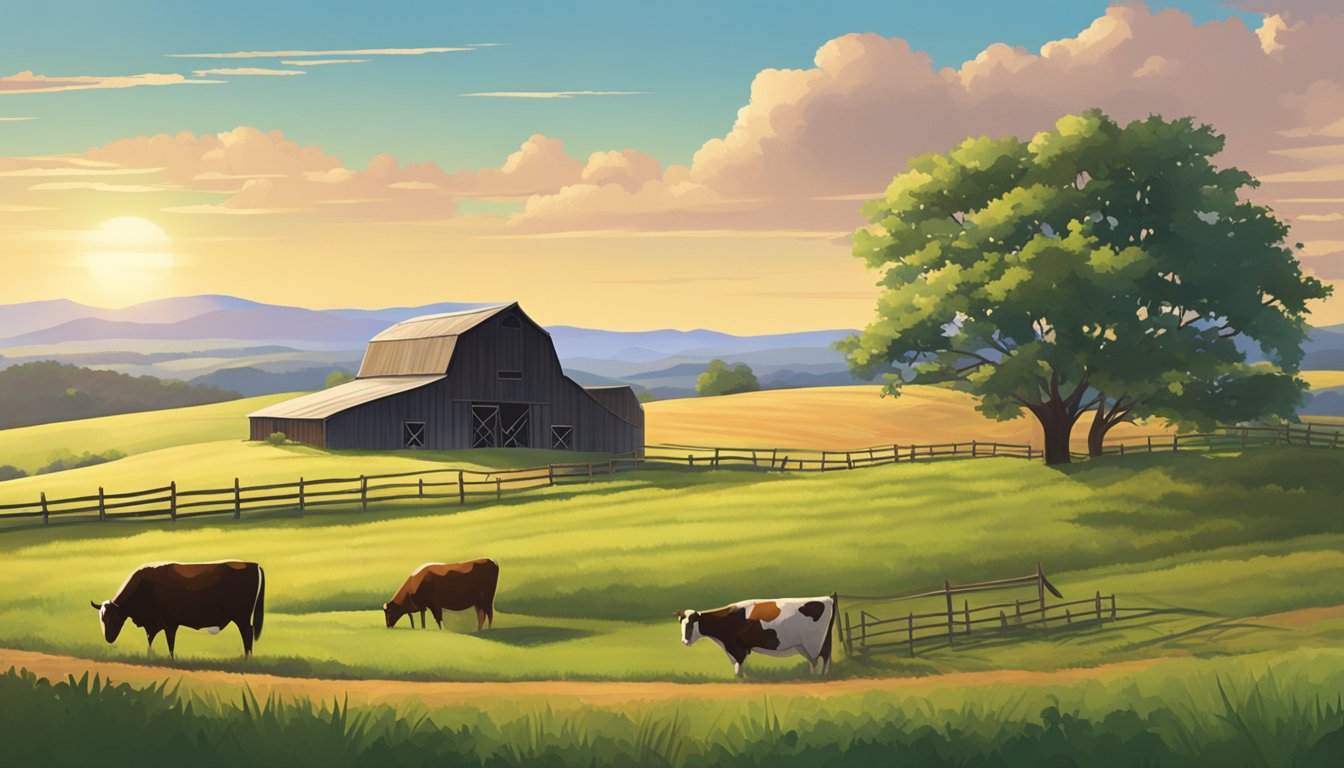 A rural landscape with a barn, grazing livestock, and rolling hills under a bright Texas sky