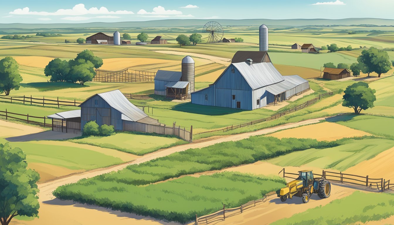 A rural landscape in Concho County, Texas, with a farmhouse, barn, and fields of crops or livestock, under a clear blue sky