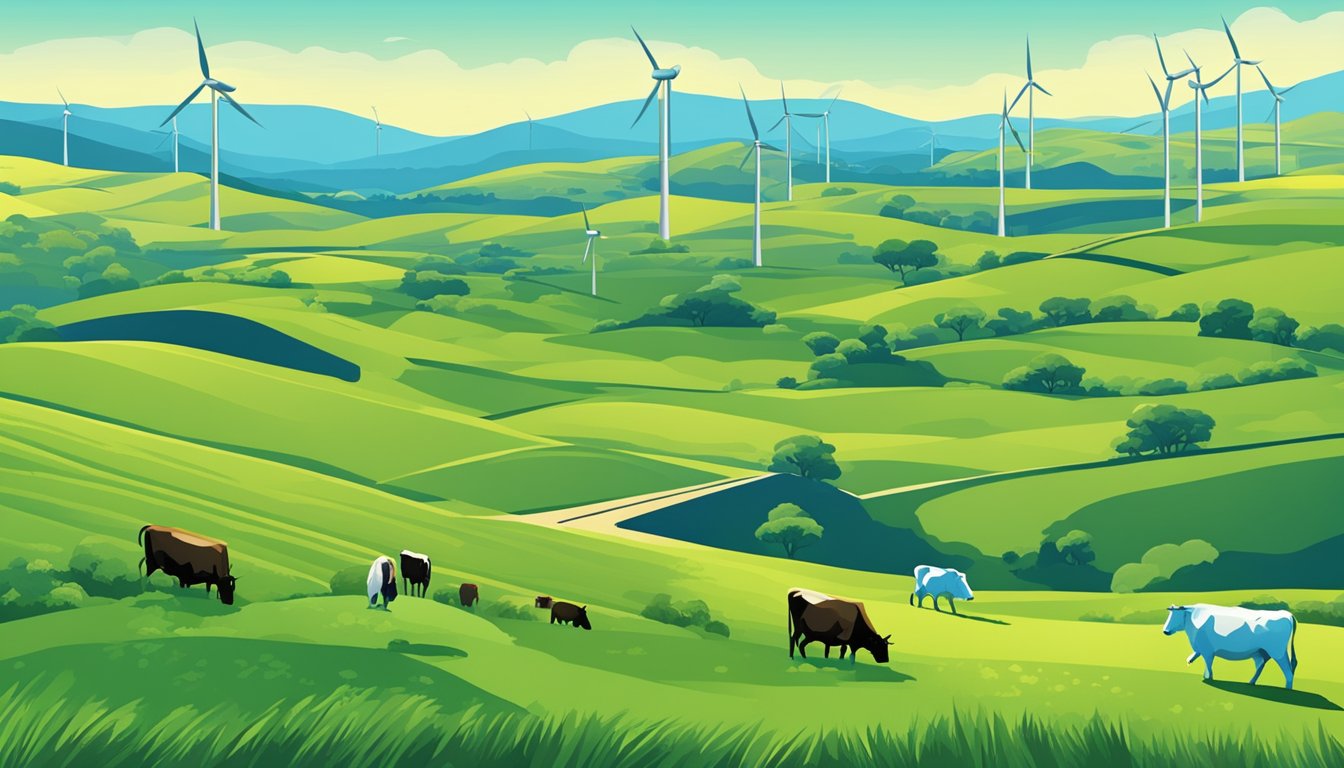 Rolling hills of green pasture dotted with grazing cattle, wind turbines spinning in the distance, and a clear blue sky overhead