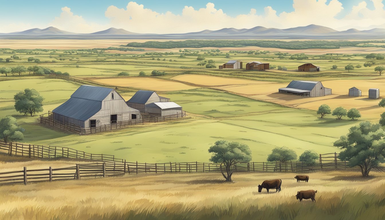 A sprawling rural landscape in Concho County, Texas, with a large agricultural property and livestock grazing under the open sky