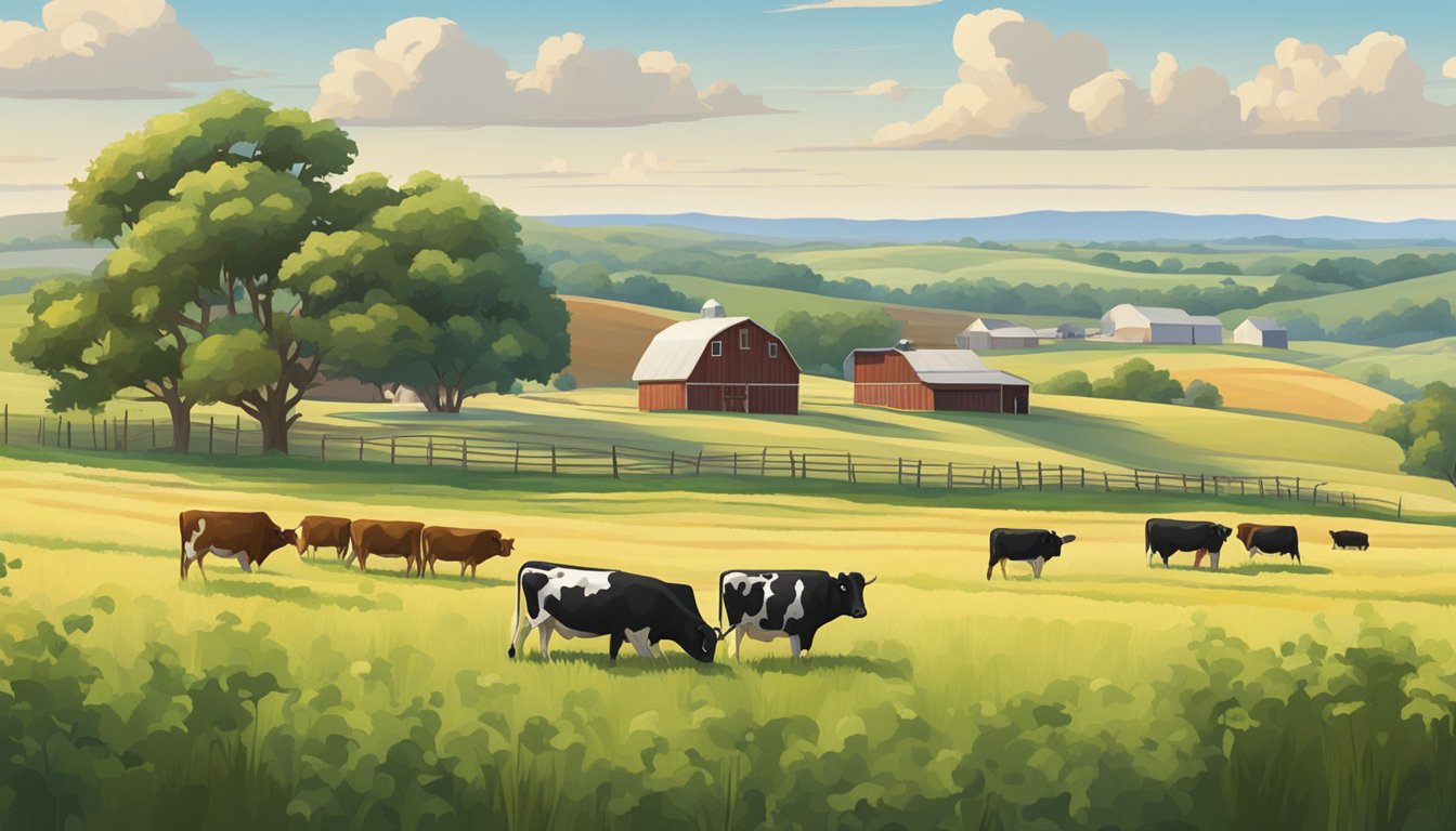 Rolling hills of farmland in Coryell County, Texas, with grazing cattle, rows of crops, and a farmhouse with a barn