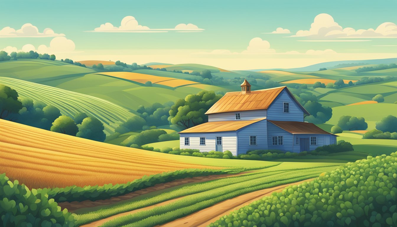 Rolling hills under a clear blue sky with a small farmhouse and fields of crops