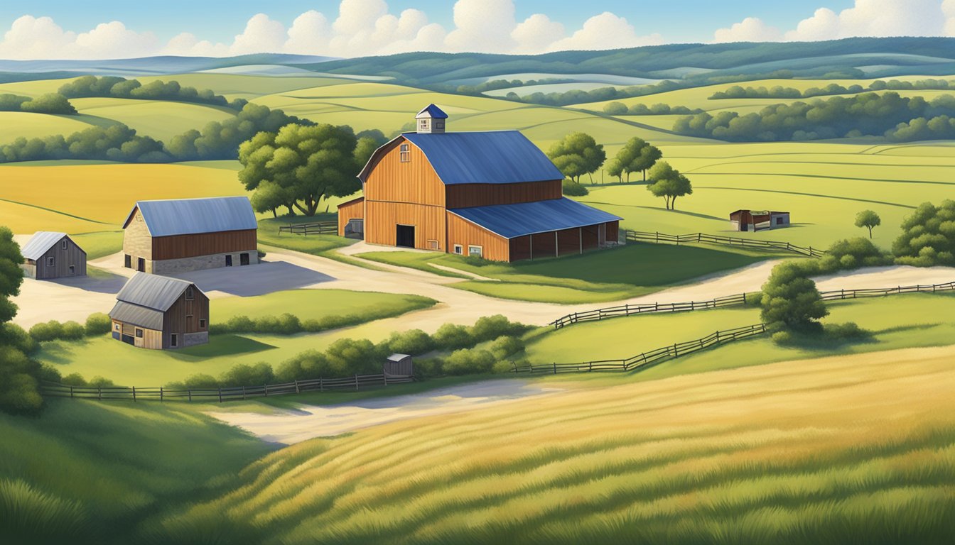 A rural landscape in Coryell County, Texas, with a farmhouse, barn, and open fields, surrounded by rolling hills and a clear blue sky