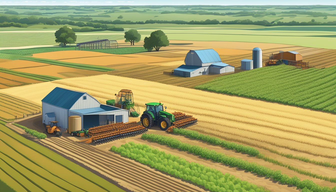 A vast field in Coryell County, Texas, showcases specialized agricultural practices for ag exemption, with rows of crops and modern farming equipment